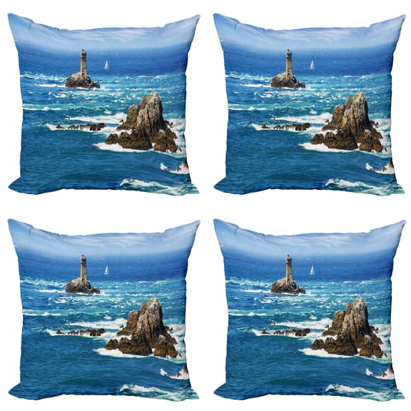 Ambesonne Ocean Throw Pillow Cover 4 Pack, Daytime Wavy Rocky Sea, 20", Blue Grey White