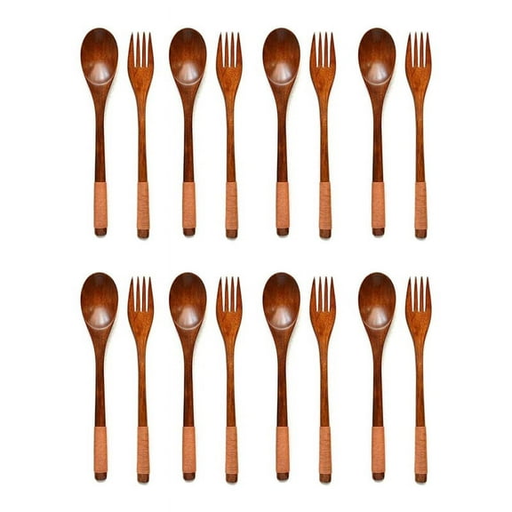 16 Pcs Wooden 9 inchJapanese Spoon Fork Set Kitchen Tableware Natural Wood Cutlery Wooden Dinner Cutlery Set,8 * Brown wire spoon 8 * Brown wire fork,brown