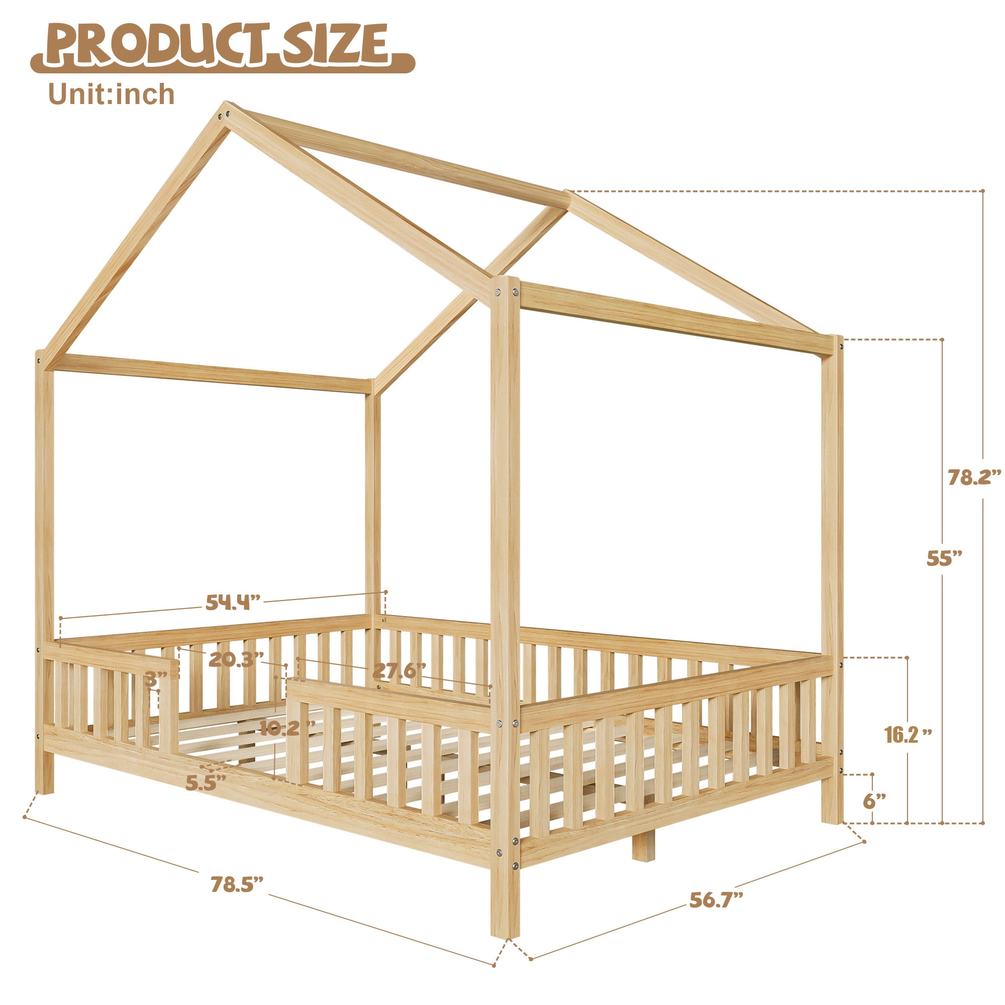 Full Bed Frame for Kids,Montessori Floor House Bed Frame with High Rails,Wood Kids Low Floor Bed with Roof & Canopy,Full Bed Frame for Girls,Boys,No Box Spring Needed,Natural