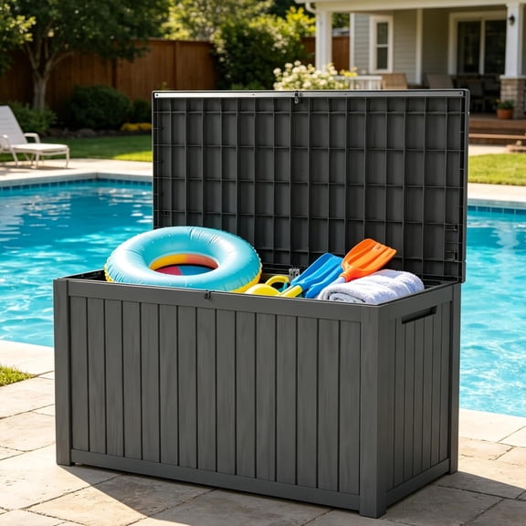 LAUSAINT HOME 180 Gallon Resin Deck Box, Package Delivery Box with Lockable Lid, Waterproof Outdoor Storage Box For Garden Tools, Patio Cushions, Black