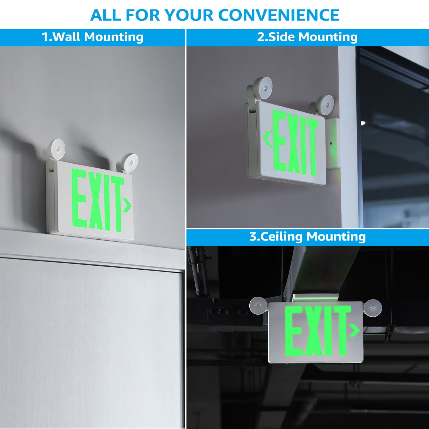 8 Pack Green LED Exit Sign Emergency Lights, Double Face, UL 924 Combo Exit Light, Two Adjustable Head Emergency Exit Light, Backup Battery for Business, Commercial