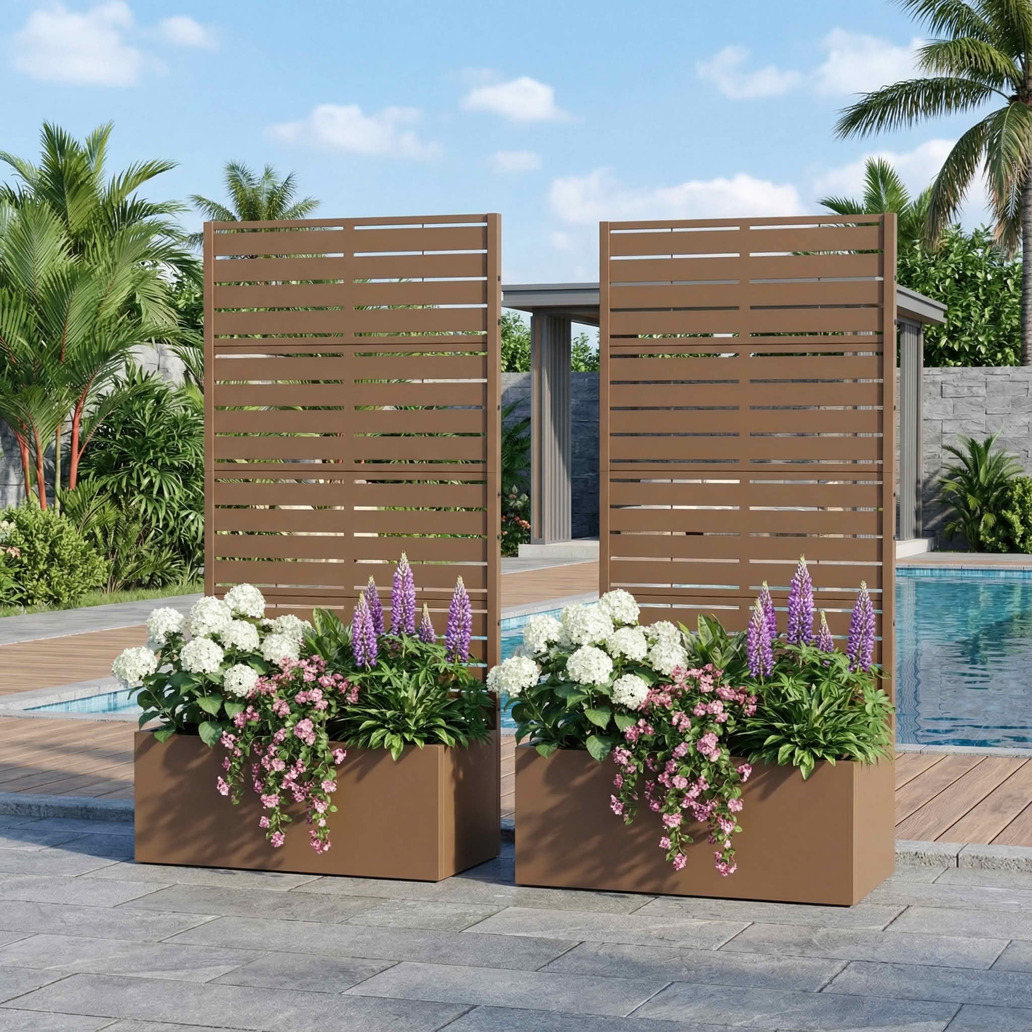 MAYEERTY 59x30 Brown Double-sided Rectangular Iron Planter Box with Trellis, 4 Piece Set Decorative Garden Screen for Patio and Balcony