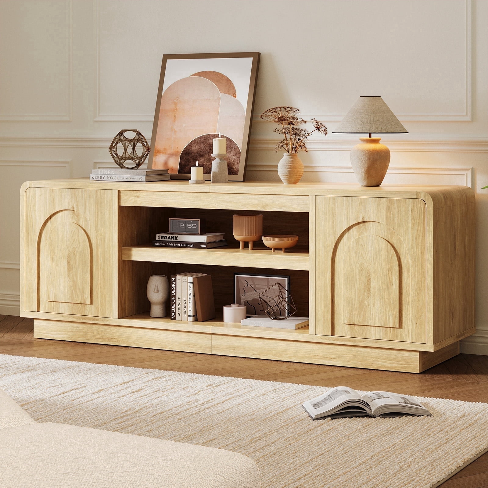 Bestier Arched Door Wooden TV Stand for TVs up to 70", Curved Corner Media Console with Open Shelf,Modern Entertainment Center with Dust-Free Enclosed Base,Natural Oak