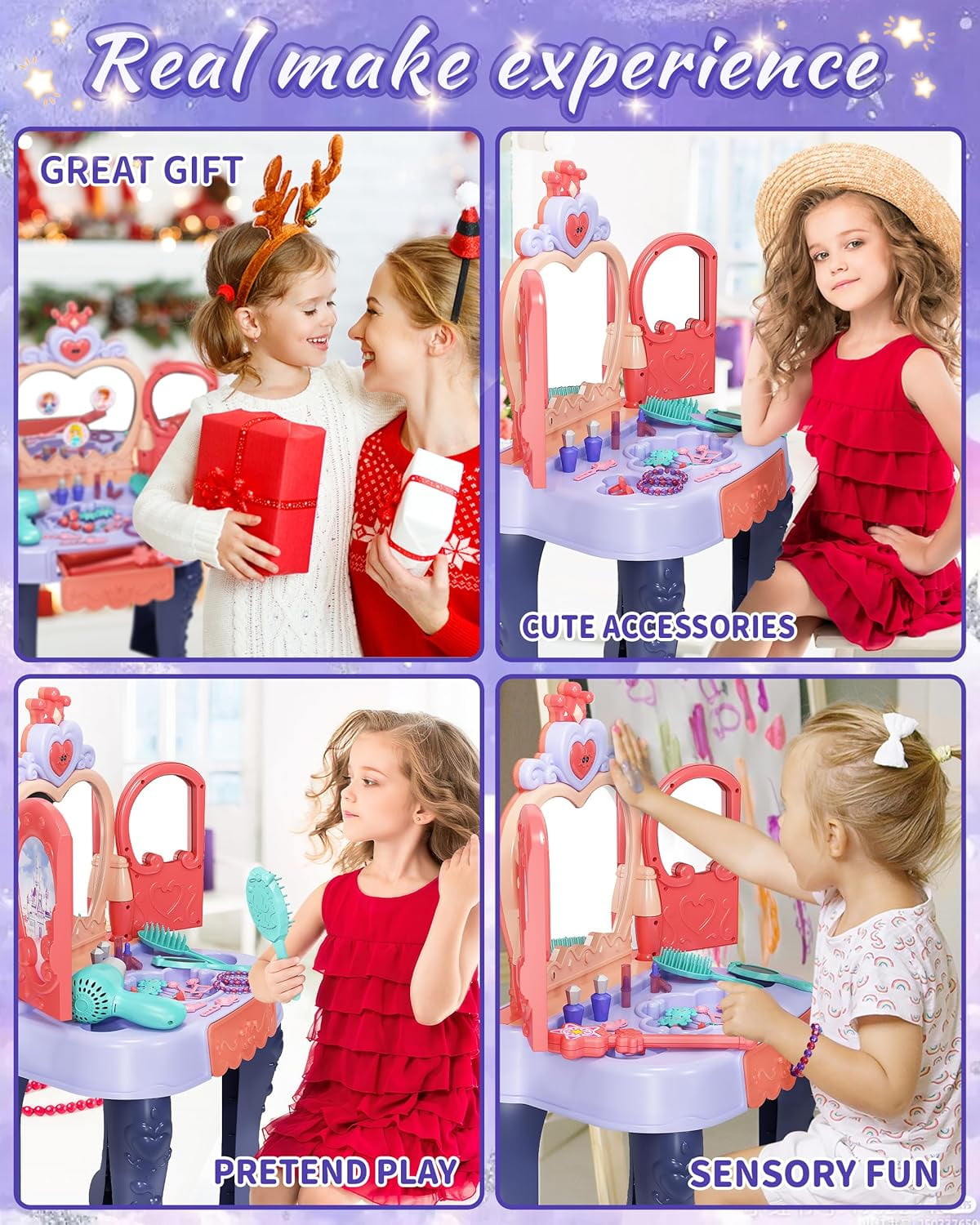 RUVINCE Toddler Vanity Set with Mirror, Chair, Music, Lights, and Accessories for Kids Ages 3-5
