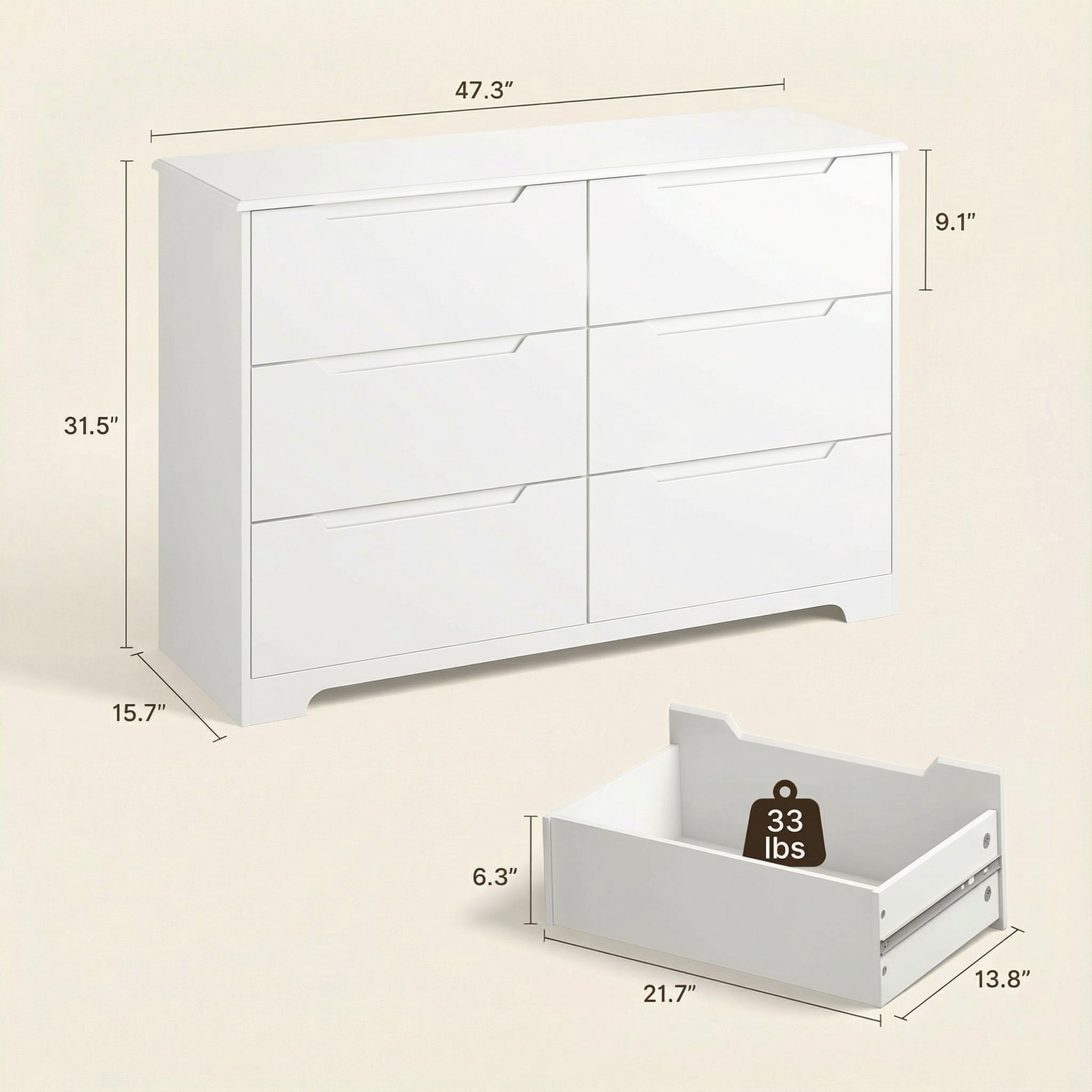 6 Drawer Double Dresser,&nbsp;Modern Wide Wooden&nbsp;Chest of Drawers with&nbsp;Cut-Out Handles,&nbsp;Anti-Tip Design,&nbsp;Closet Storage and TV Stand for Living Room, Hallway, White