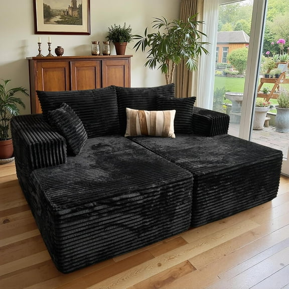 81" Oversized Loveseat Chaise Longue, Fluffy Sleeper Chaise Longue Indoor,Upholstered Sofa Bed for Living Room Bedroom, Black