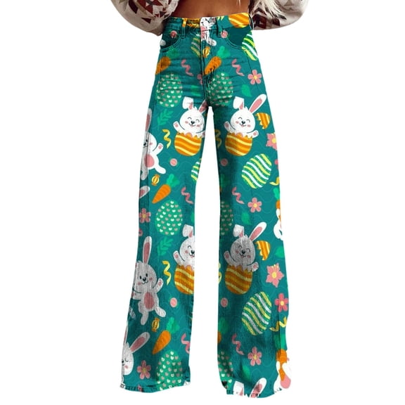 YUANGUANST Wide Leg Pants Woman Women's Easter Bunny Egg Print Plus Size Wide Leg Pants Office Slacks