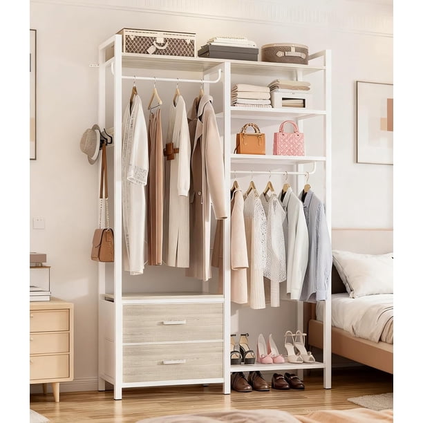 Perchero Reversible, 115x40x200 cm, Armario con 6 Niveles y 2 Cajones, Perchero Resistente con Estantes, Armario Portátil Independiente, Sistema de Guardarropa con Ganchos Colgadores Beige
