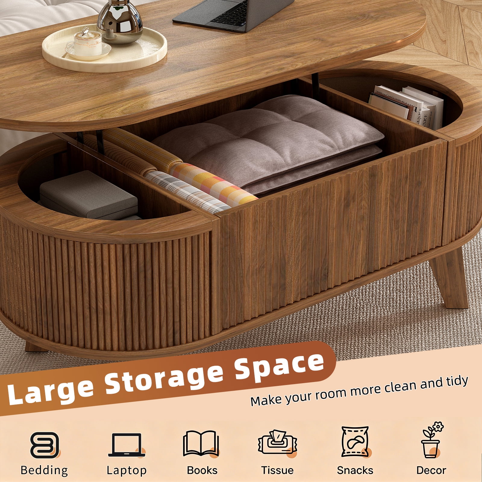 Hommoo Modern Fluted Lift Top Coffee Table with Hidden Storage, Mid-Century Oval Living Room or Home Office Table, Walnut
