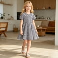 thumbnail image 4 of Girls Short Sleeve Gingham Plaid A-Line Dress Lace Peter Pan Collar Flared Summer Sundress Kids Daily Outdoor Casual Princess Dress(Black,7-8 Years), 4 of 7