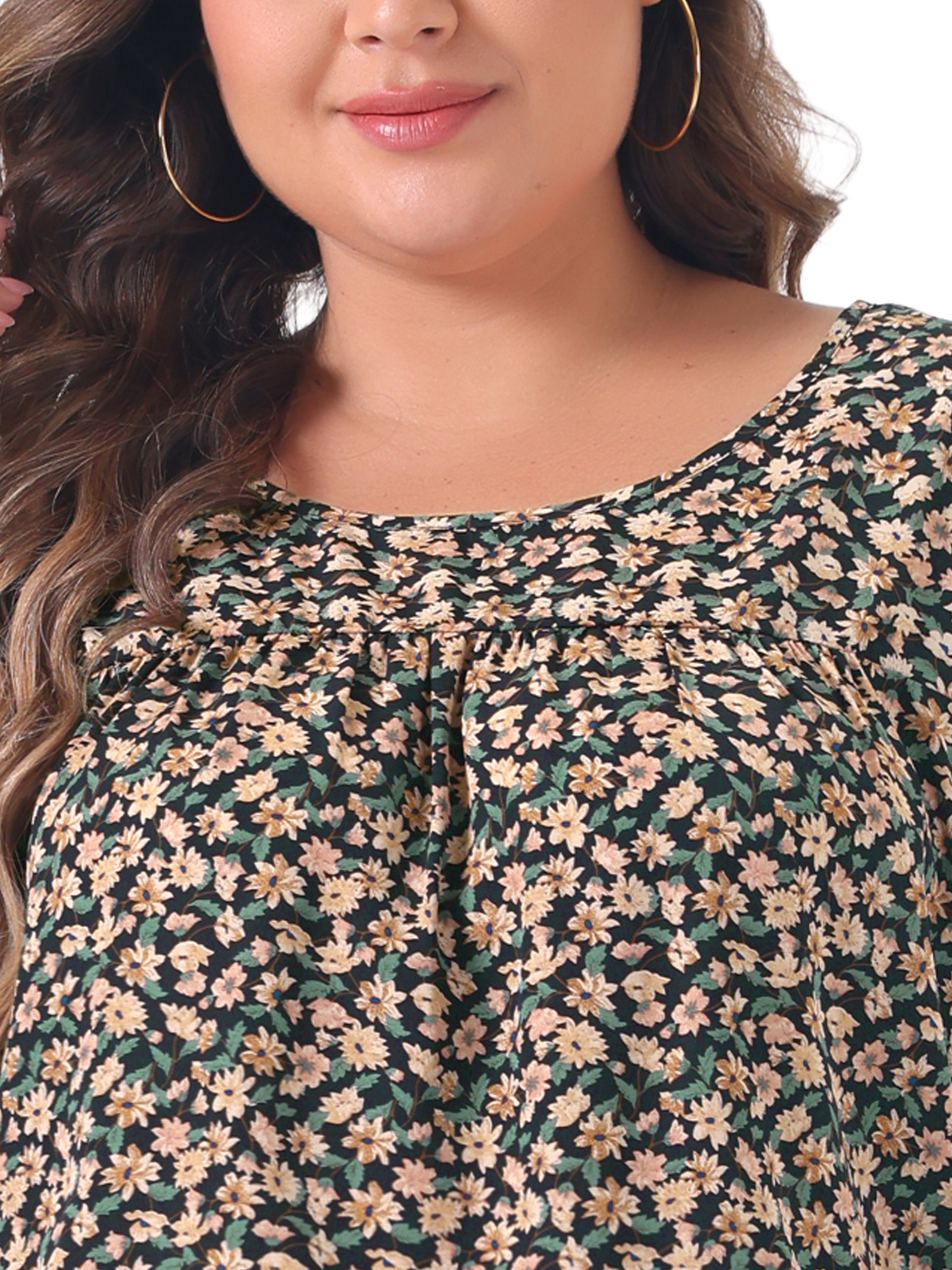 Unique Bargains Women's Plus Size Long Sleeve Floral Print Blouses Tops 4X Black Beige