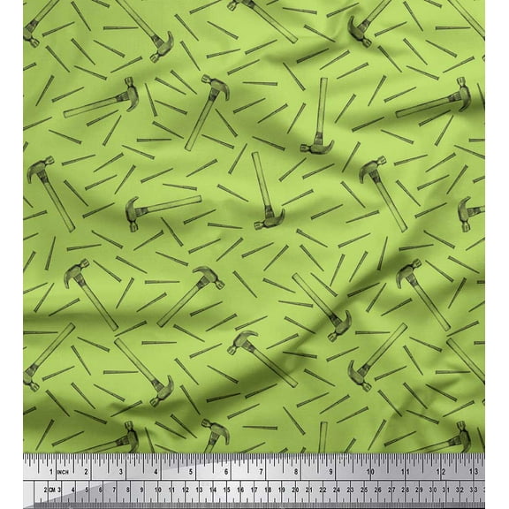 Soimoi Green Heavy Satin Fabric Hammer & Nail Hardware Print Fabric by the Yard 54 Inch Wide