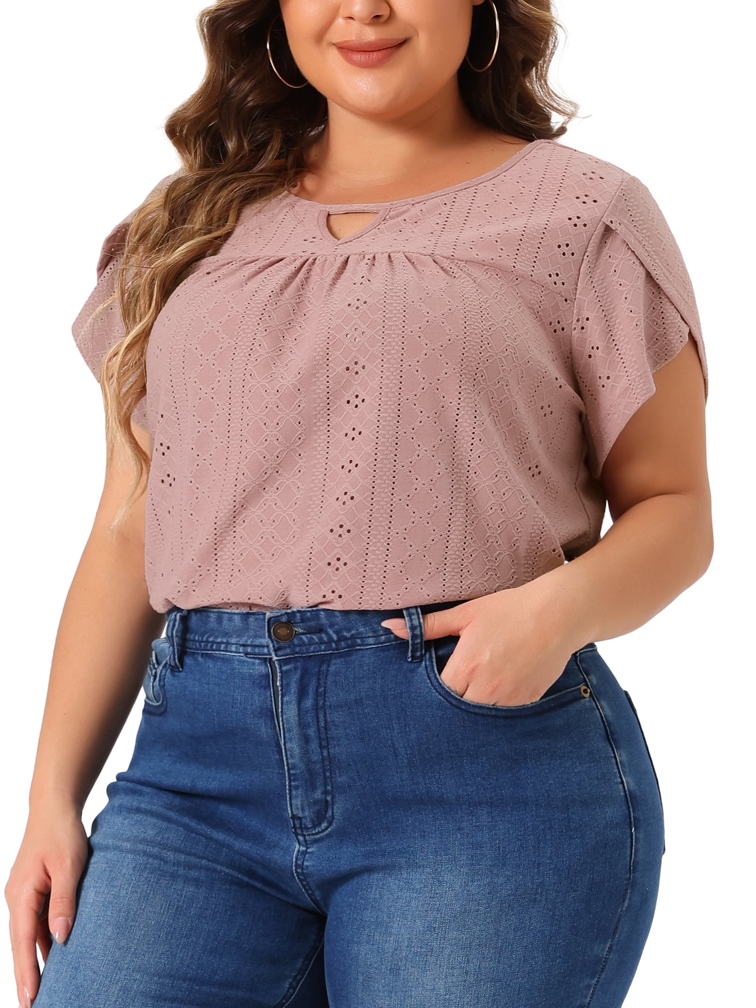 Women's Plus Petal Sleeve Keyhole Neck Loose Fit Casual Top for Women 4X Pink