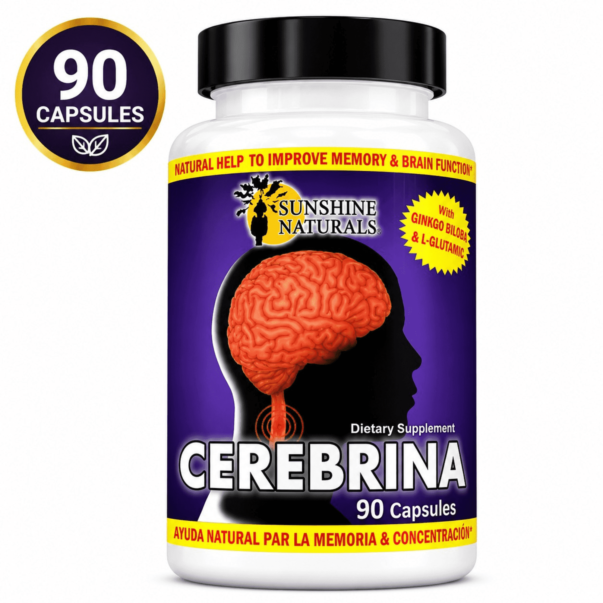 Sunshine Naturals Cerebrina Dietary Supplement with Magnesium Stearate & Gelatin for Cognitive Support, Circulatory Health - 90 Count