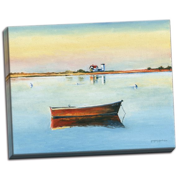Gango Home Decor Coastal Painterly Decor | Blue, Orange & Yellow Boat Reflections by Gregory Gorham (Ready to Hang); One 14x11in Hand-Stretched Canvas
