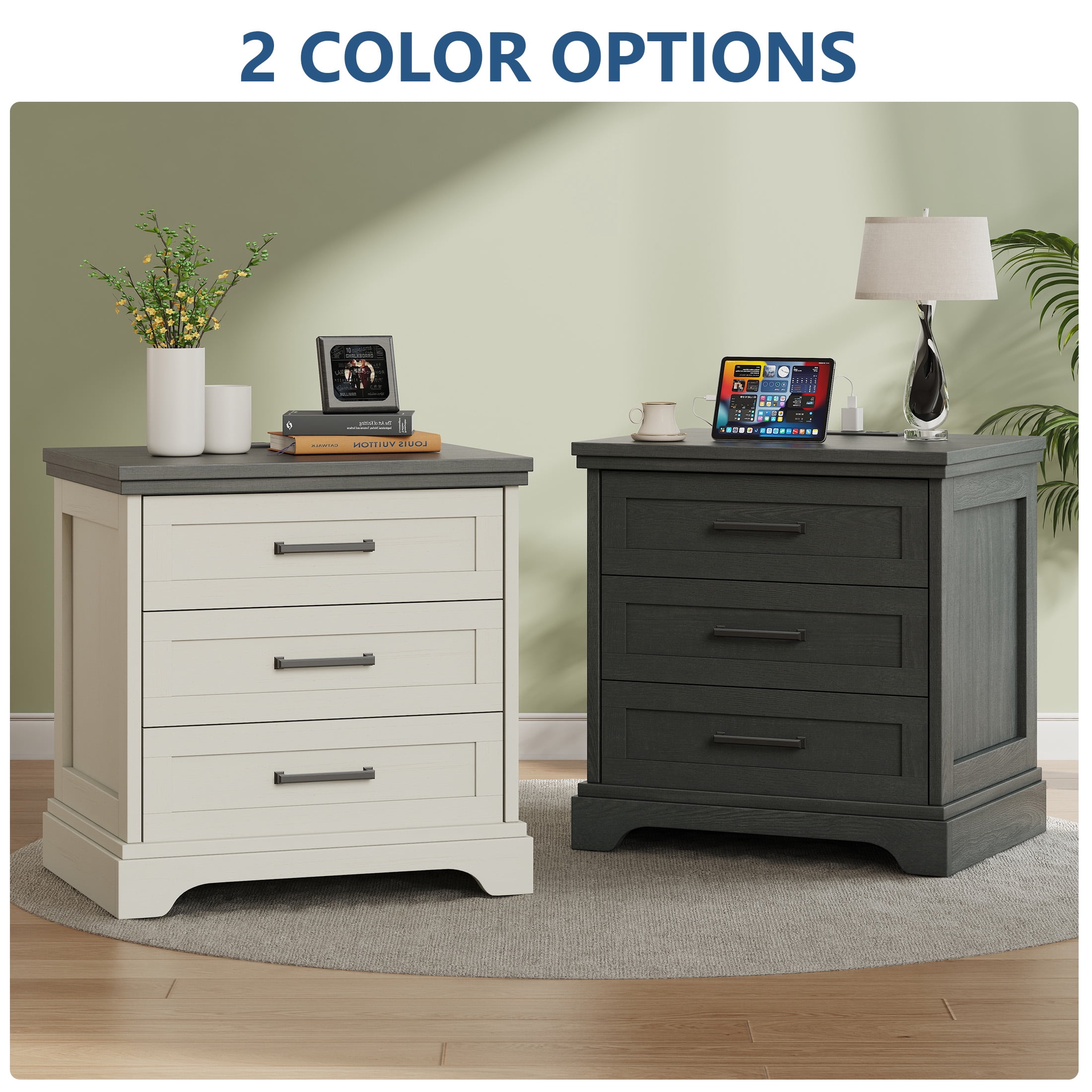 EDX 3 Drawers 24" Wood Nightstand with Drawers and Charging Station, Bedside Table for Bedroom or Living Room, White