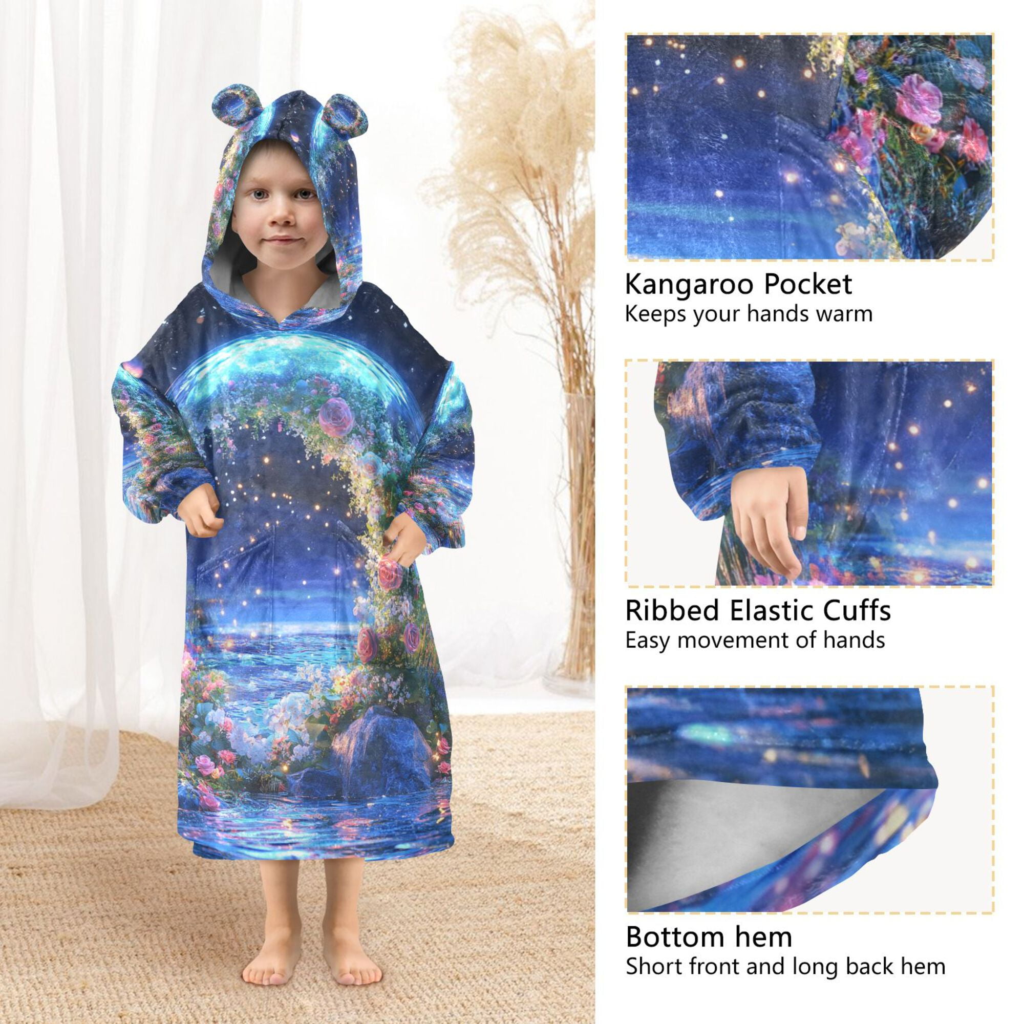 FORMRS Wearable Blanket Hoodie with Sleeves for Kids Cozy Flannel Sweatshirt, Beautiful Floral Moon