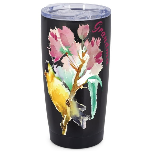 Elanze Designs Nana Watercolor Bird Flower Family Love Wrap-Around Design 20 Ounce Stainless Steel On-The-Go Coffee Mug, Thermal Travel Tumbler with Leak Resistant Slide Lid, Sleek Black