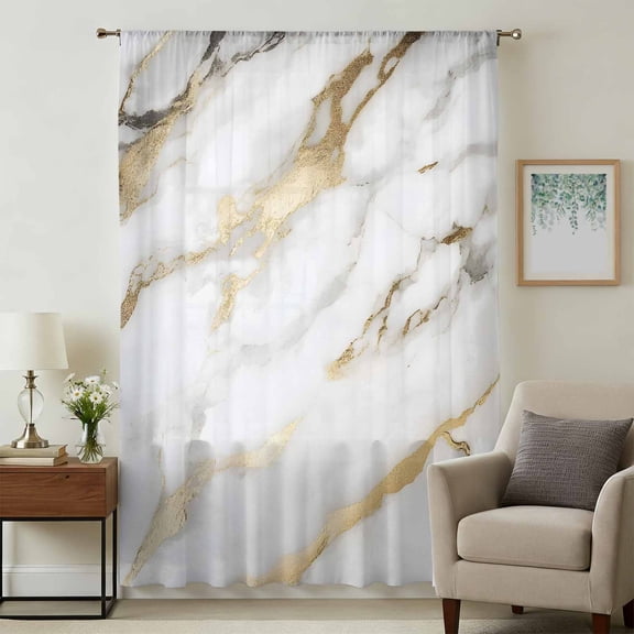 Modern White Gold Sheer Curtains 84 Inches Long, Abstract Marble Geometric Light Filering Curtains, Breathable Simi Curtain Privacy Drapes for Living Room Bedroom Lightweight Window Treatment
