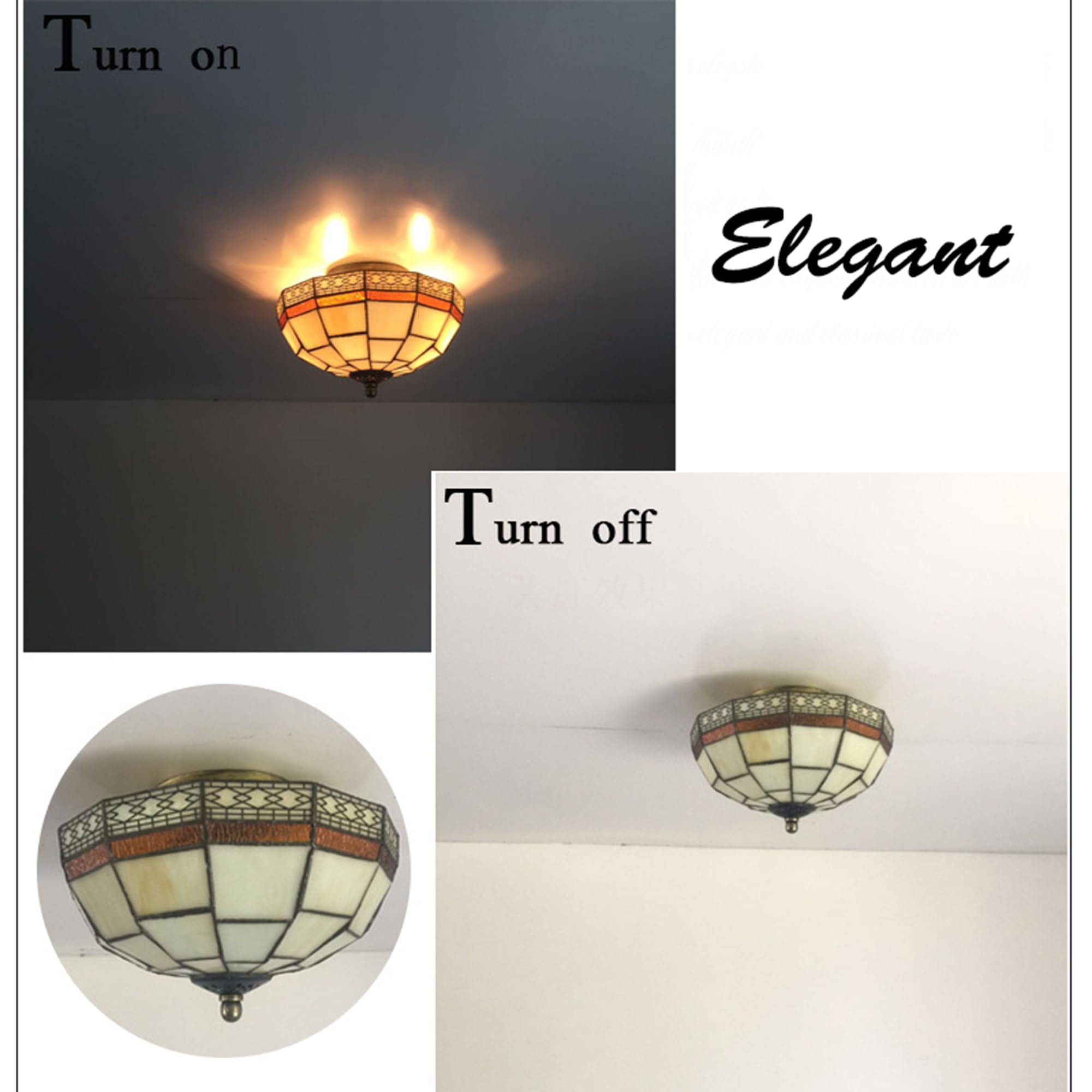 Kiven 9.84in Flush Mount Ceiling Light Fixture Dimmable, 2-Light Anti Glare Close to Ceiling Light with 15FT Plug-in Cord, Tiffany-Style Glass Chandelier for Bedroom Kitchen Hallway(No.3229)