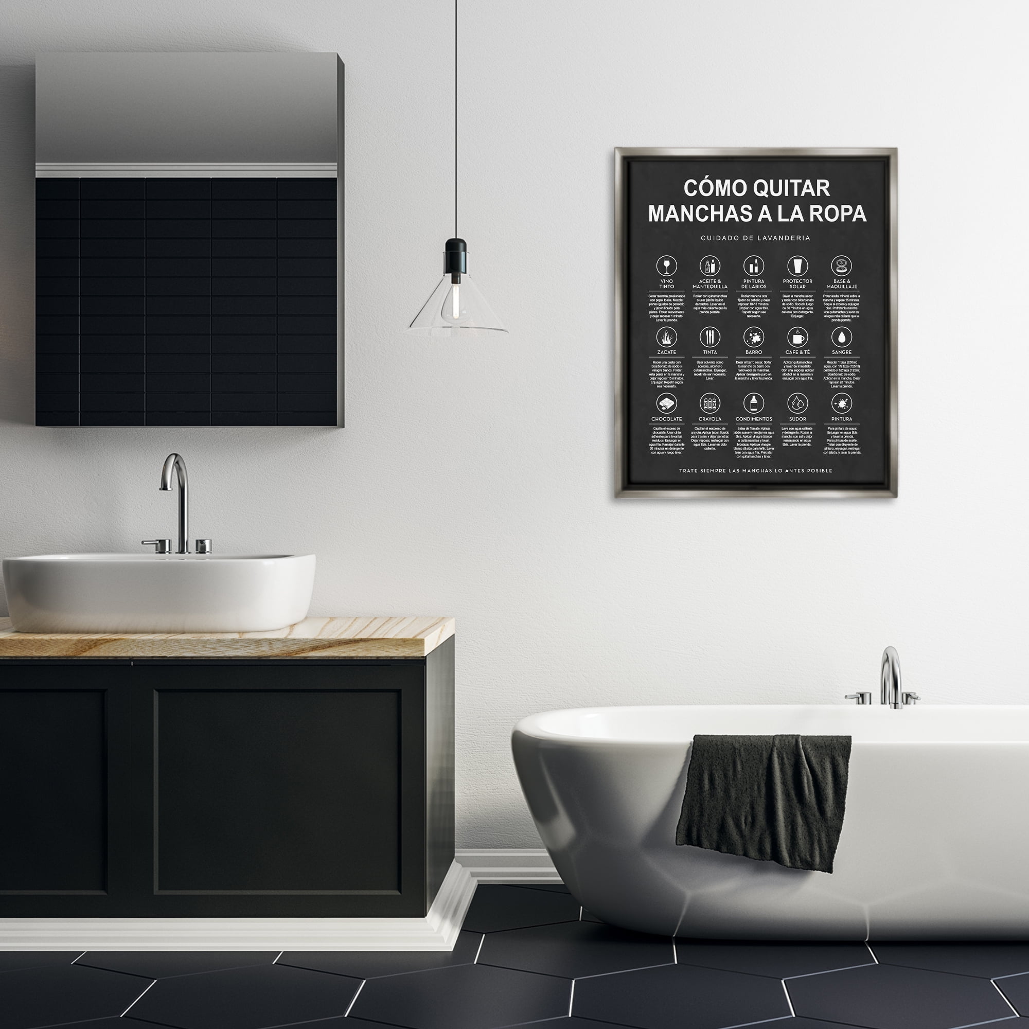 Stupell Industries Guía de Limpieza de Manchas, Negro Bath & Laundry Painting Gray Floater Framed Art Print Wall Art, 25 x 31