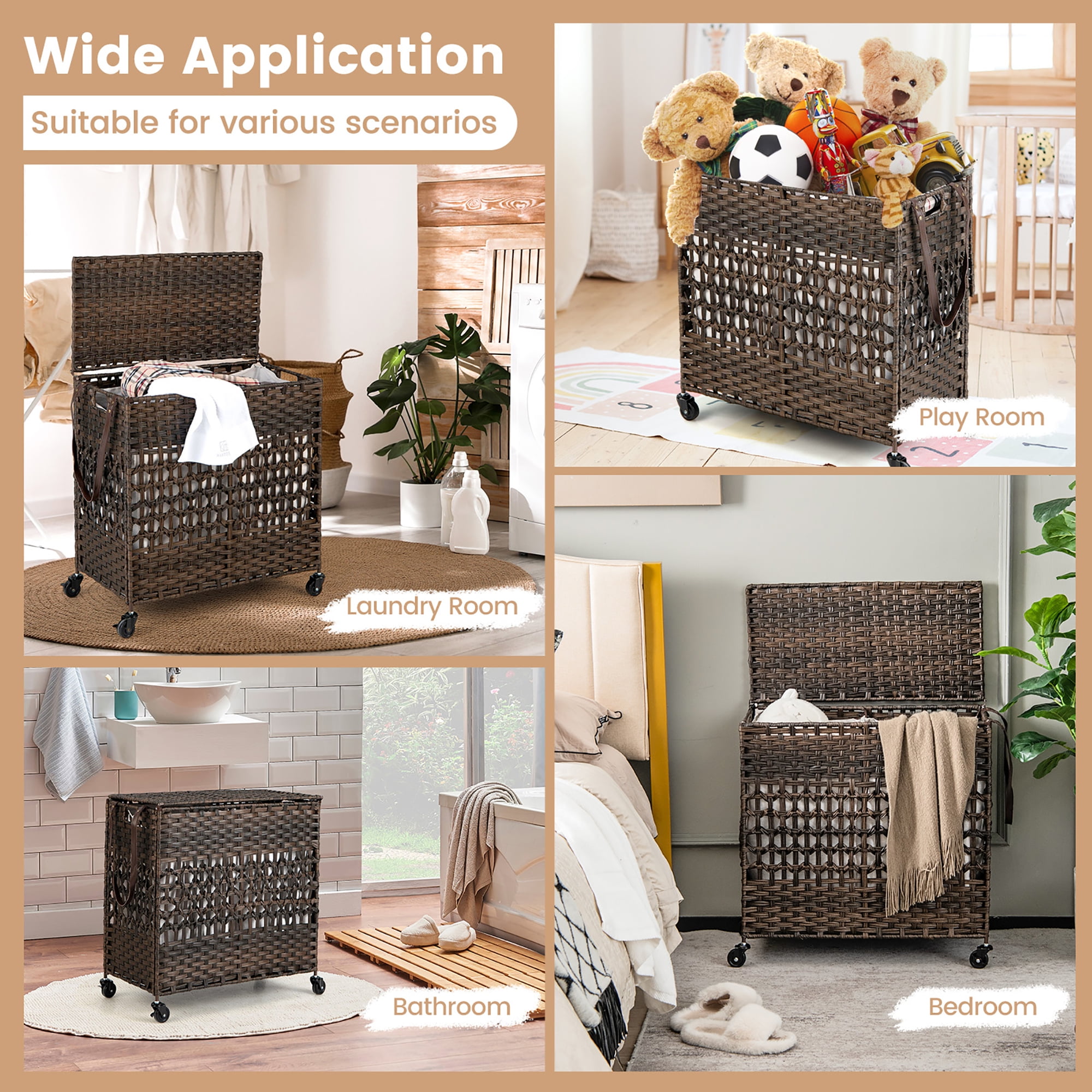 Costway 110L Laundry Hamper w/Wheels Clothes Basket w/Lid and Handle and 2 Liner Bags