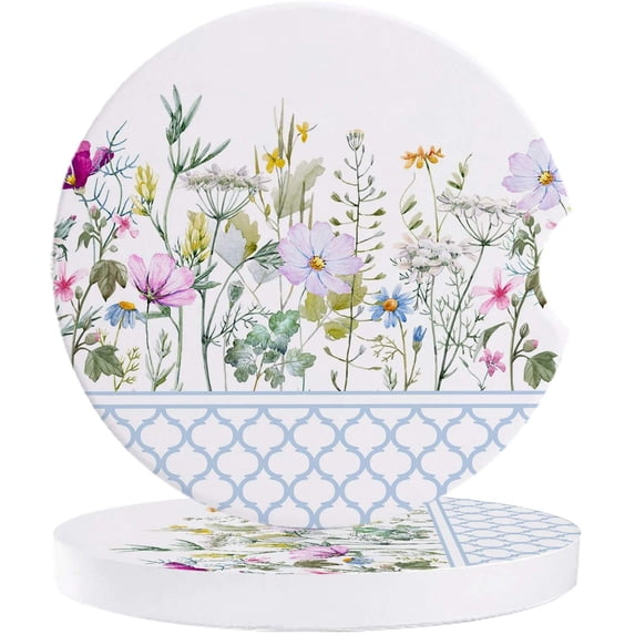 FMSHPON Spring Fresh Flowers and Blue Moroccan Pattern Set of 6 Car Coaster for Drinks, Absorbent Ceramic Stone Coasters Cup Mat with Cork Base for Home Kitchen Room Coffee Table Bar Decor