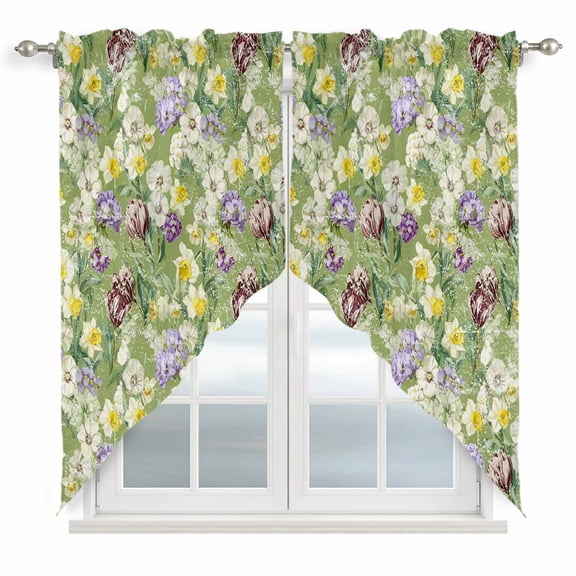 Green Botanical Swag Valances for Windows, Kitchen Window Curtains Over Sink, Spring Floral Summer Botanical Rustic Window Treatment Curtains for Living Room/Bedroom Curtains 2 Panel Sets 36"x45"