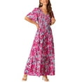 thumbnail image 2 of INSPIRE CHIC Women's Summer Casual V Neck Floral Flutter Short Sleeves Smocked Flowy with Pockets Maxi Dresses L Hot Pink, 2 of 5