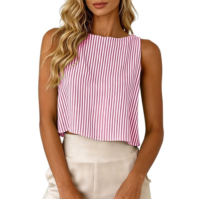 Gpoecd Camisole à Rayures à Col Ras du Cou pour la Plage, Sans Manches, Courte, Blouse pour l'Été Décontracté, Chemise, Camisole Grande Taille pour Femmes, Rouge, TTTG
