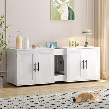 Cat Litter Box Enclosure for 2 Cats,Cat Litter Box Furniture with Double Room,Hidden Litter Box Furniture,Double Cat Cabinet with Scratching Pad,Indoor Cat Litter Box Storage Cabinet,White