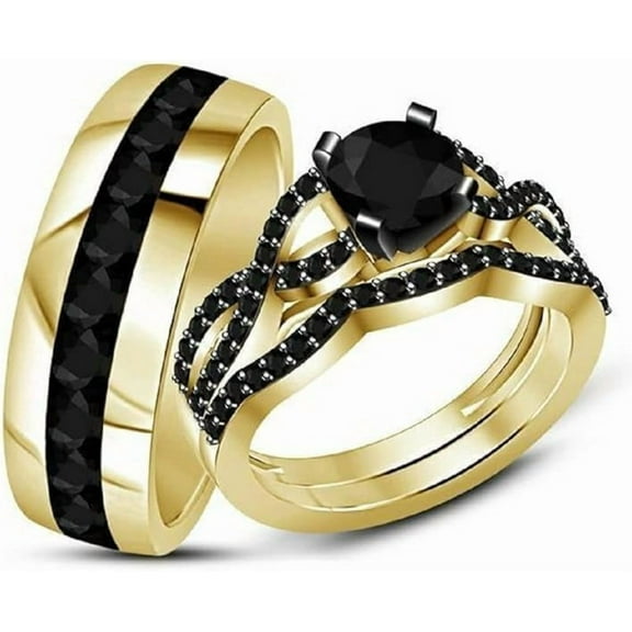 Gems Jewels 3.10 Ctw Round Cut Black Diamond Wedding Anniversary His & Her Wedding Ring Trio Set Band Ring 14K Yellow Gold Plated 925 Sterling Silver 925 Sterling Silver -7.5