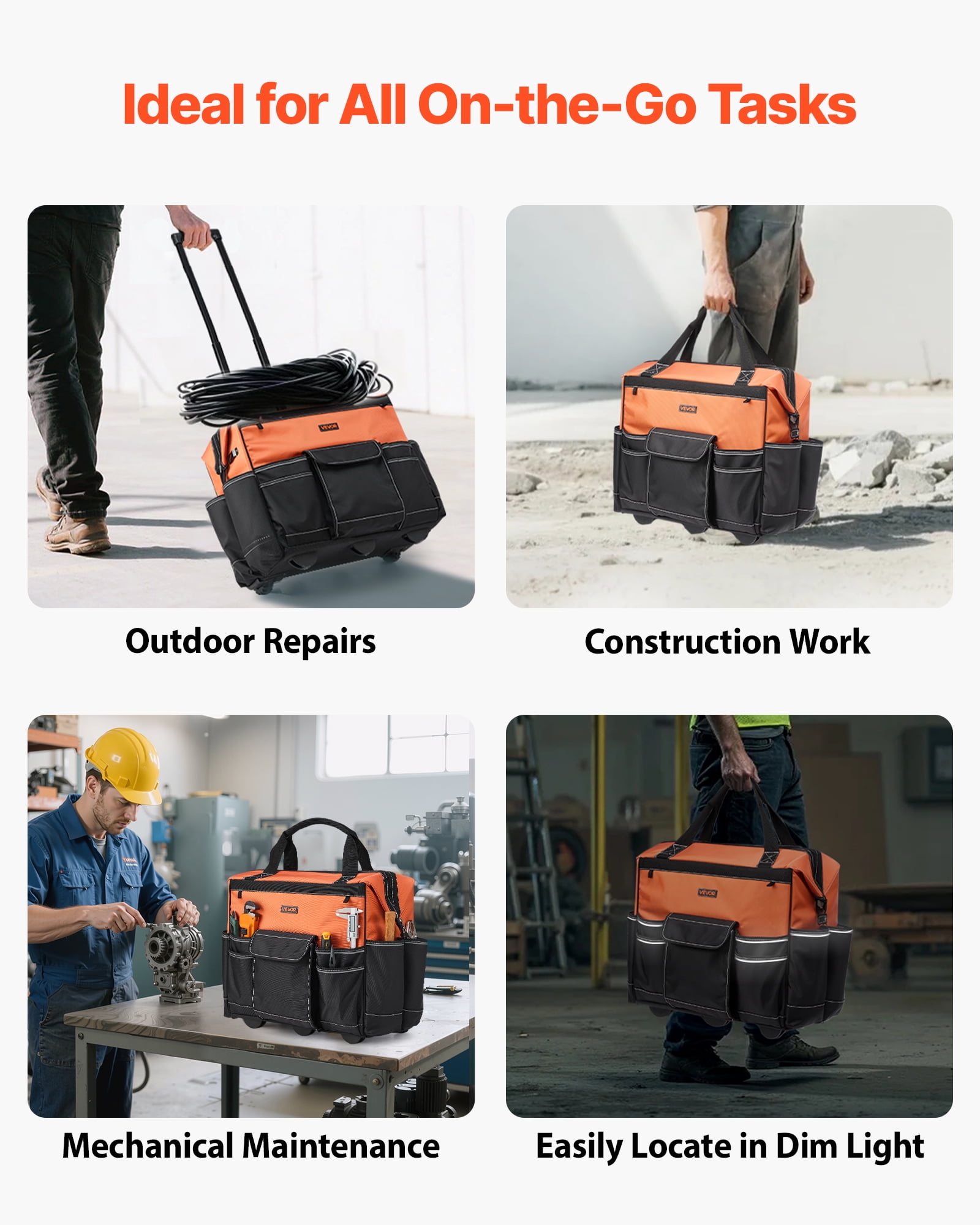 VEVOR Rolling Tool Bag, 110 lbs Load Capacity, 27 Pockets Heavy Duty Roller Tool Bag on Wheels, Adjustable Telescoping Handle & Stable Base, Toolbag Organizers with Wheels for Construction, Mechanic