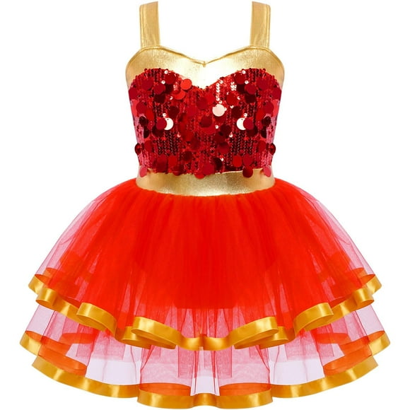 Haitryli Kids Girls Sparkly Sequins Ballet Dance Tutu Dresses Modern Latin Jazz Dancing Performance Costume Red 10