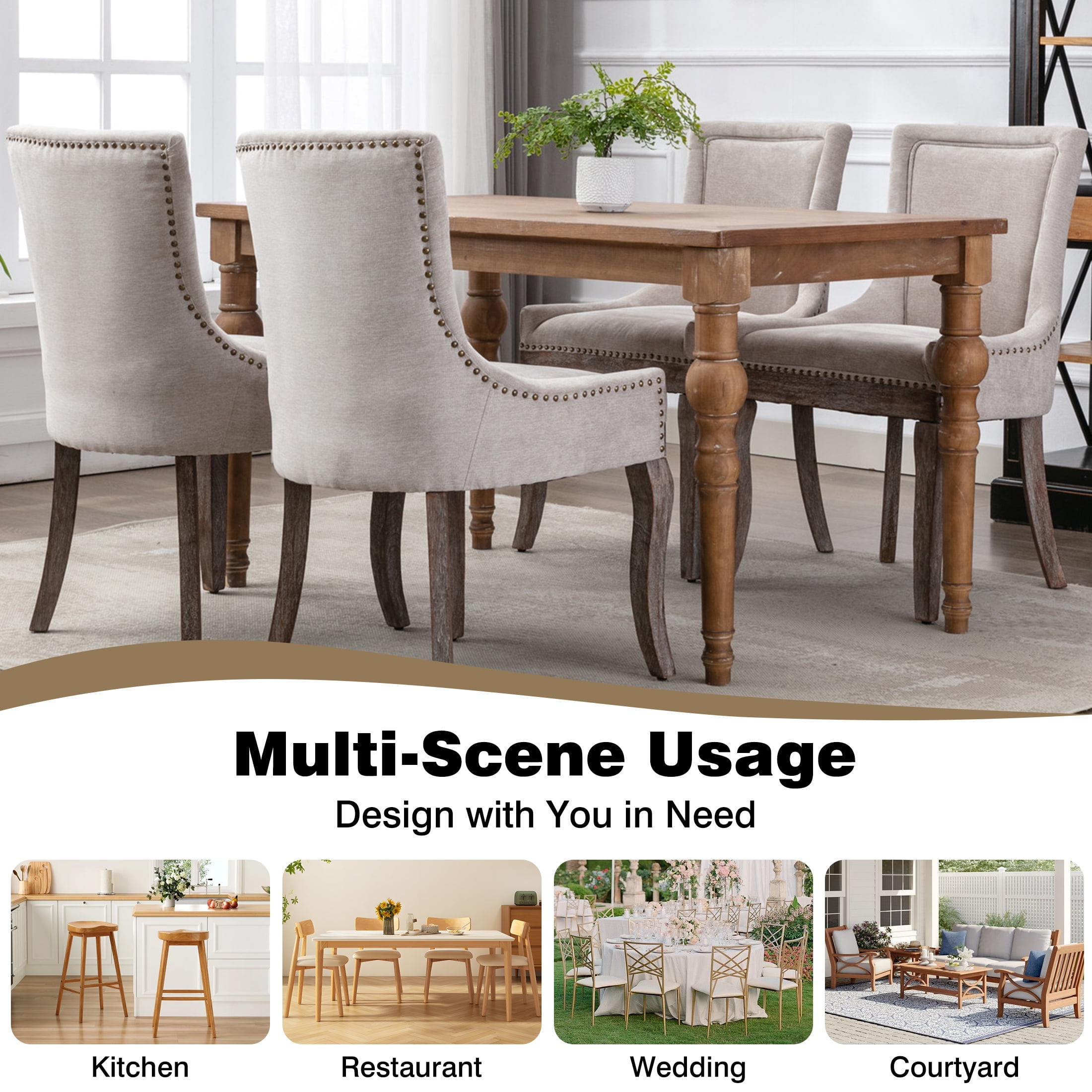 Dining Chairs Set of 2, LEGAHOME Beige Fabric Upholstered Dining Chairs, Mid-century Kitchen Chairs with High Back, Bronze Nail Head, Solid Wood Legs, Beige, 2 Pcs