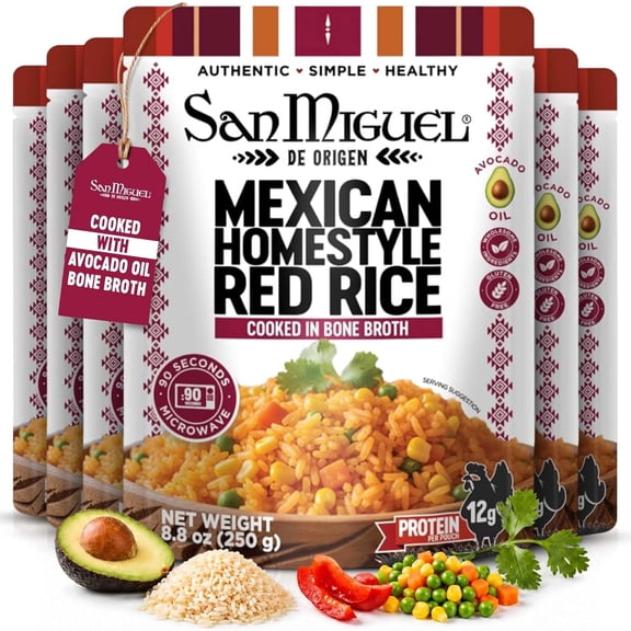 Mexican Homestyle Red Rice with Veggies with Bone Broth, Ready to Serve Rice Pouches, Microwaveable Instant Rice, Heat and Eat Rice, Pack of 6
