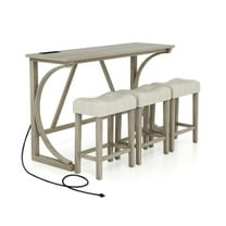 Barara King Kitchen Table Set,Dinner Table Set,4-Piece Bar Table Set with Power Outlet and Upholstered Saddle Seat Stools-Grey and Beige