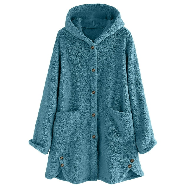 HAiming Womens Fuzzy Hooded Jacket Coat Button down Lapel Collar Oversize Tops Fall Winter Soft Warm Clothes