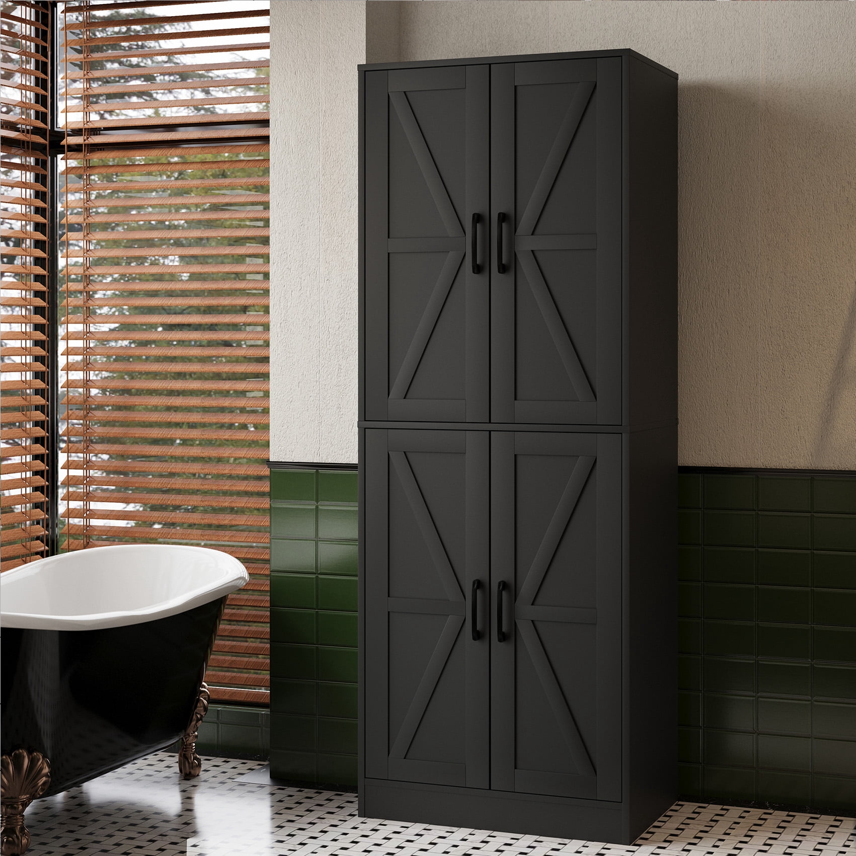 BOCVKENN Kitchen Pantry Cabinet, 67.7" Tall Wood Storage Cabinet with 4 Doors and Shelves Freestanding Cupboard for Dining Room Living Room Bathroom,Black