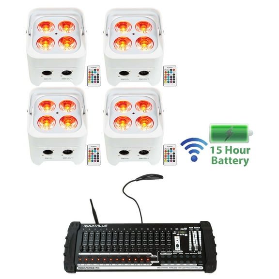 4) Rockville BEST PAR 50 Battery Wash Lights Wireless DMX 384 Channel Controller