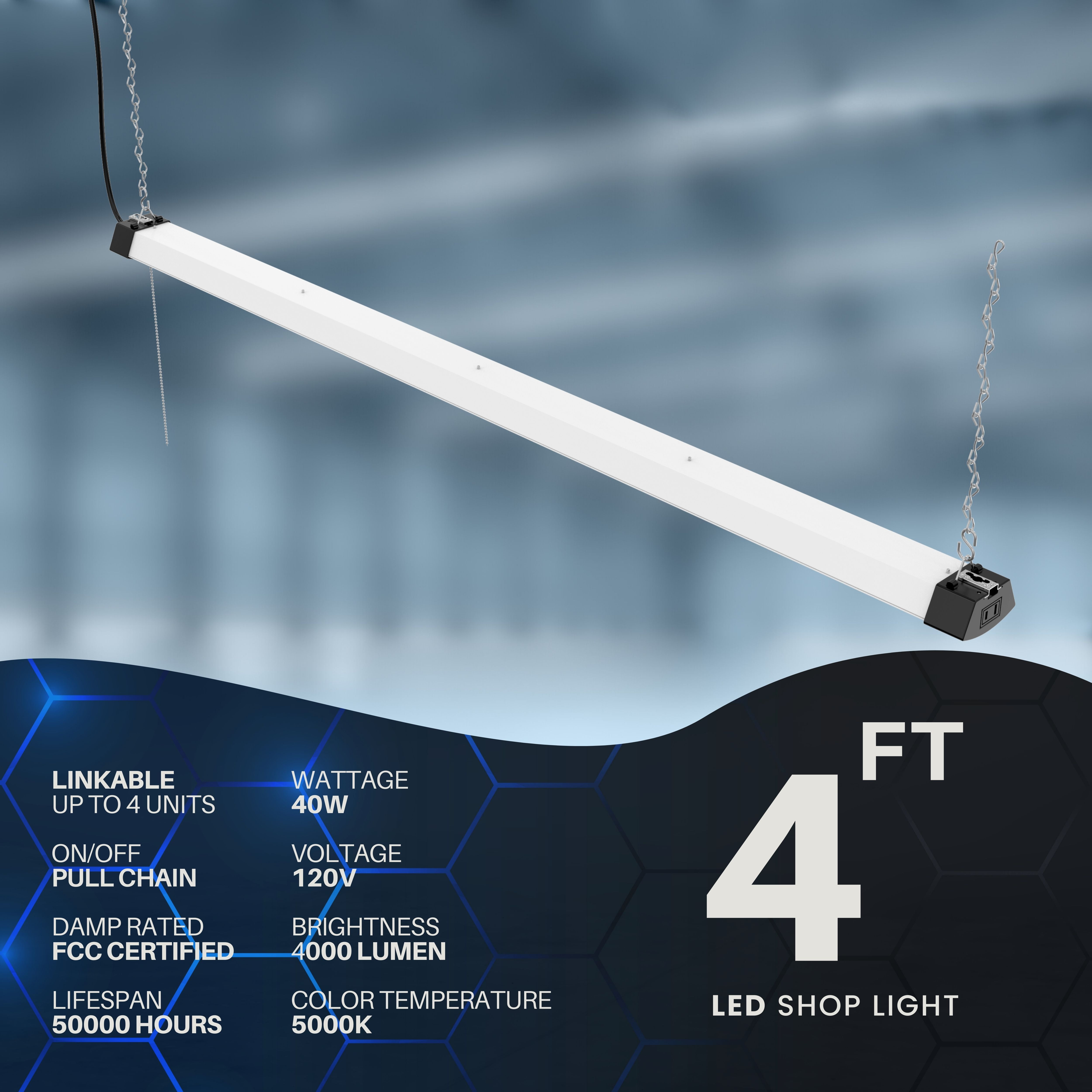 DYMOND 4FT 40W LED Shop Light Fixture Wraparound with Pull Chain Daylight White 5000K for Garage Workshop Basement
