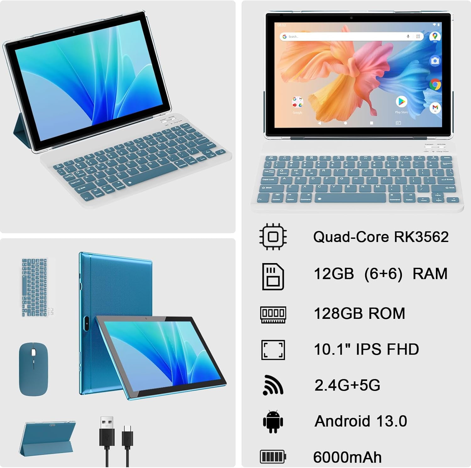 IWEGGO (2024) 10 in 1280 * 800 Child Tablet, 128 GB, Android 13, Wi-Fi, Bluetooth, NavyBlue