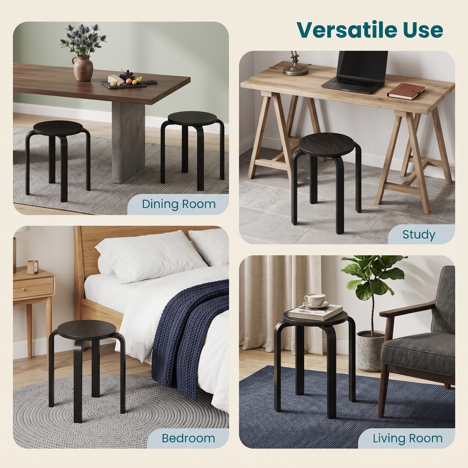 Furnibear Set of 4 Stackable Bentwood Dining Chairs, 18 Inch Round Top Solid Wood Kitchen Side Chairs, Space-Saving Backless Stackable Seats for Home Office, Black
