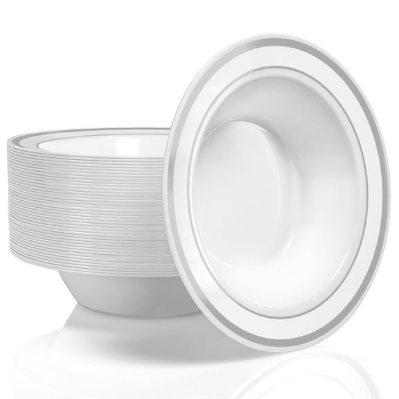 Stock Your Home Plastic Party Bowls (50 Pack) 12 Oz Elegant Disposable Dinnerware - Fancy Shatterproof Tableware for Catering, Holidays, Parties Supplies, Weddings, Catering, and Everyday Use (Silver)