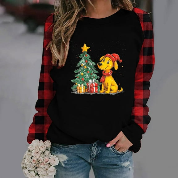 asdoklhq Womens Sweatshirt Ladies' Christmas Fashion Printed Hooded Raglan Long Sleeved Round Neck Top Multicolor L