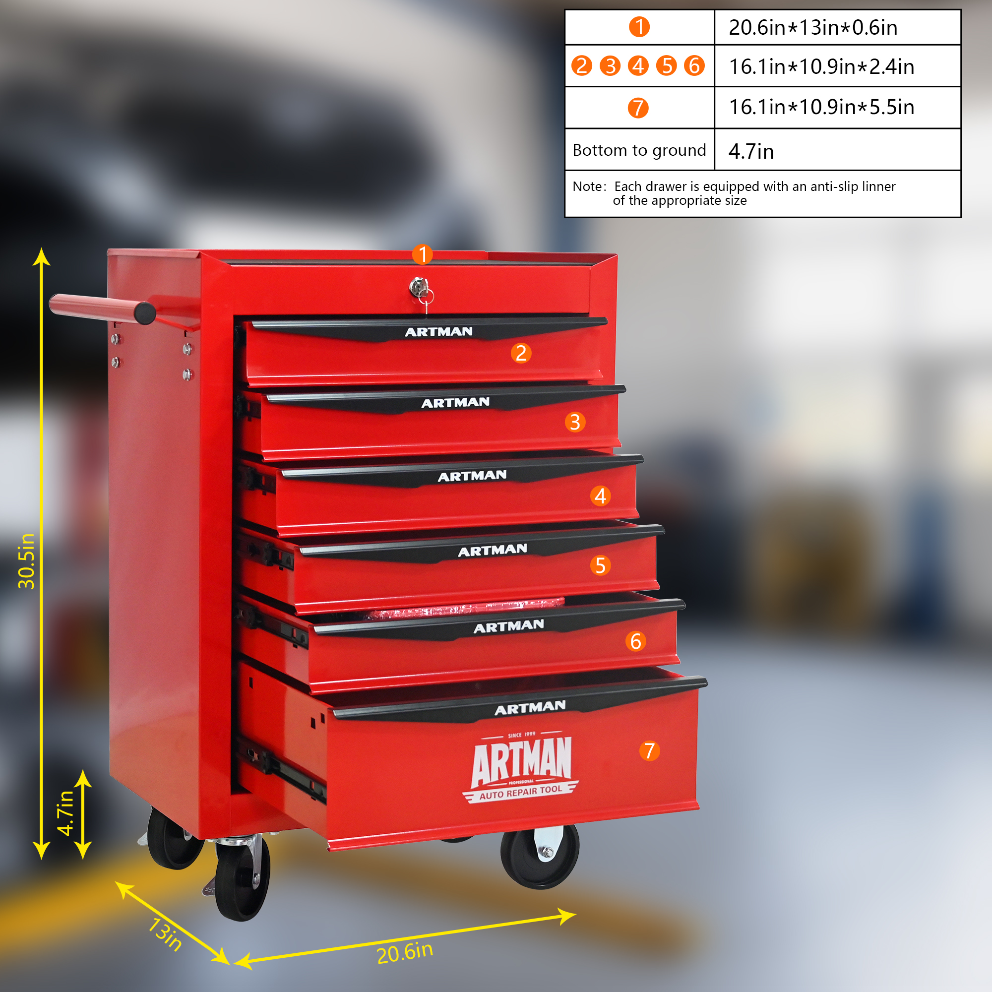 E-Western Rolling Metal Tool Chest with 6 Drawers 20 Inch Steel Storage Cabinet on Wheels Red Black 4 Casters Lockable Durable Heavy Duty