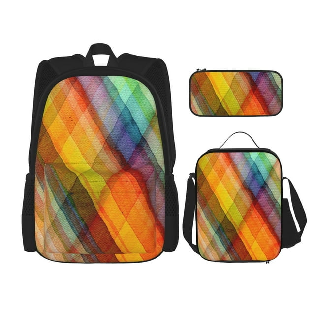 Sikiie Abstract Watercolors Tartan Print Backpack Lunch Bag Pencil Case Set, Durable Backpack Combination Three-piece Set Suitable for Campus, Office, Unisex
