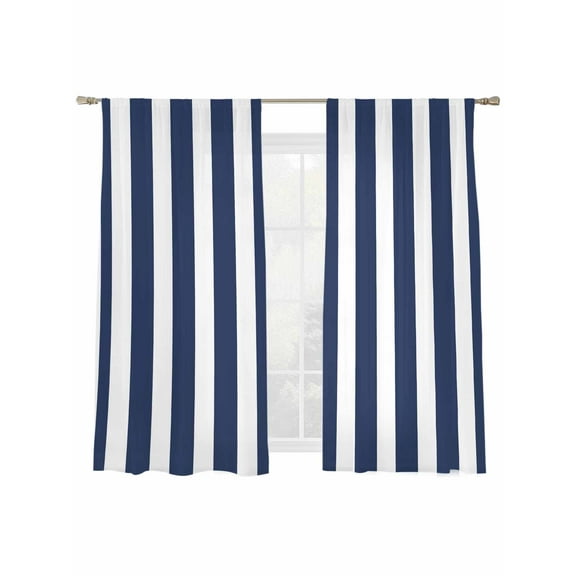 Navy Blue Striped Sheer Curtains 63 inches Long 2 Panels Set White Striped Geometric Tiers Sheers Rod Pocket Small Window Short Curtains for Kitchen Cafe, Each 52" W x 63" L
