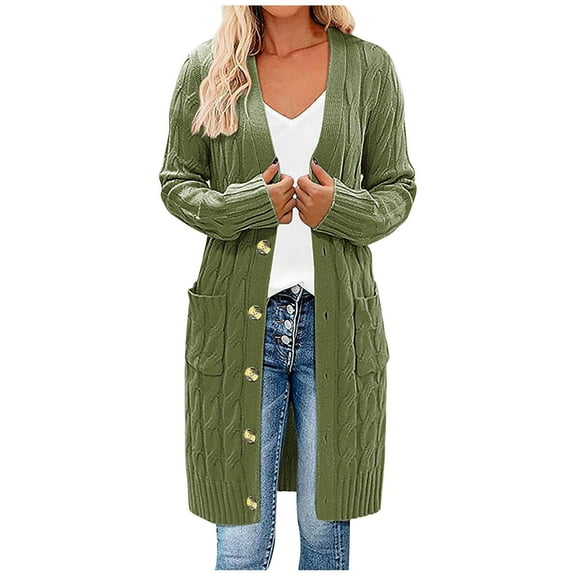 Odeerbi Cardigan Sweaters For Women Knit Long Cardigan Long Sleeve Cable Open Front Button Outerwear 0live Drab