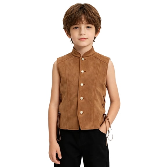 inlzdz Boys Pirate Vest Stand Collar Sleeveless Jacket Sides Tie-up Waistcoat for School Performances Brown 10